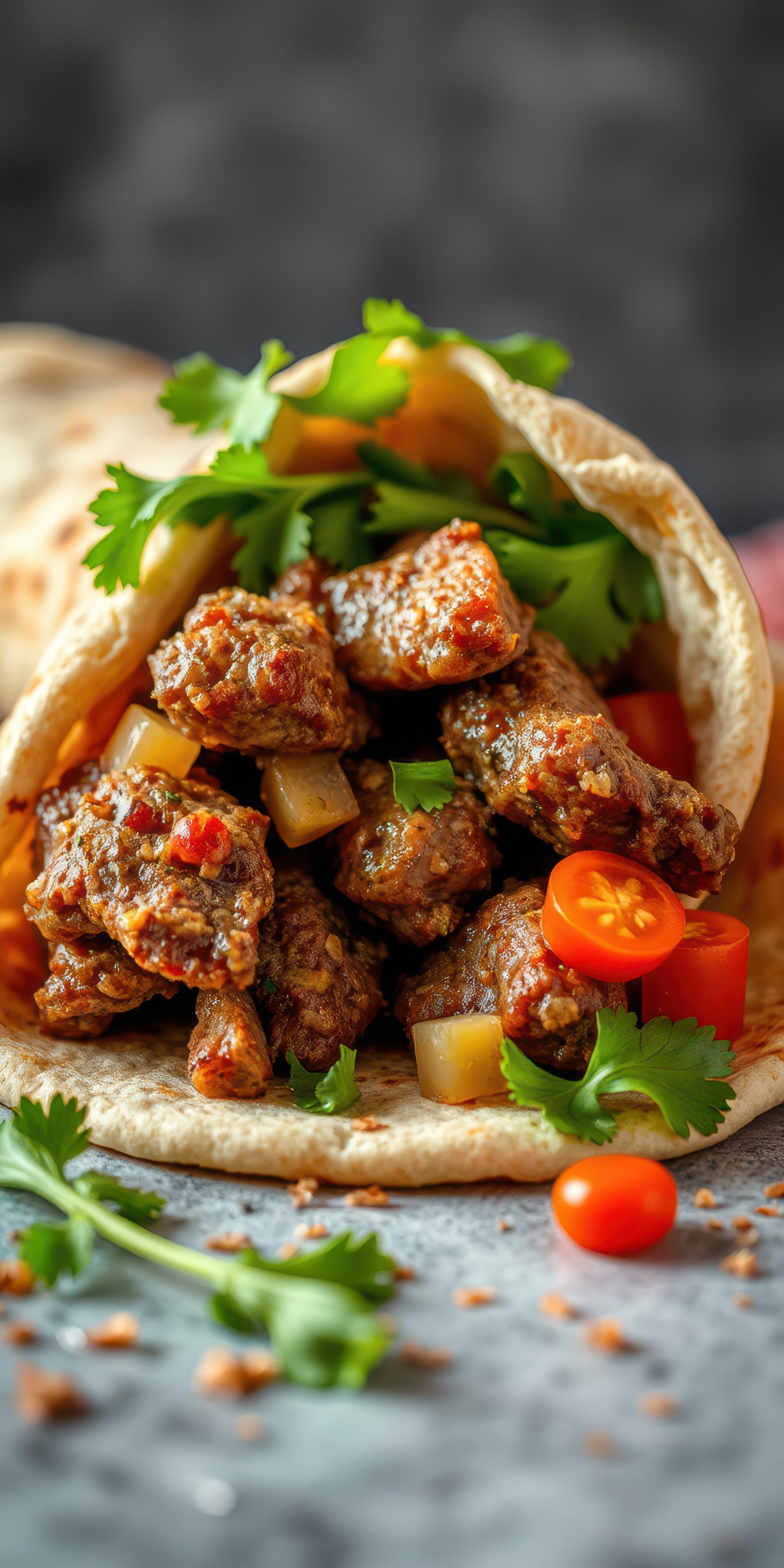 Flavorful beef taco wrapped in a soft tortilla with fresh toppings and colorful ingredients on a rustic surface